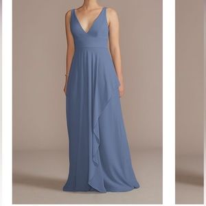 NWT Steele-blue Chiffon V-neck Dress with Cascade
